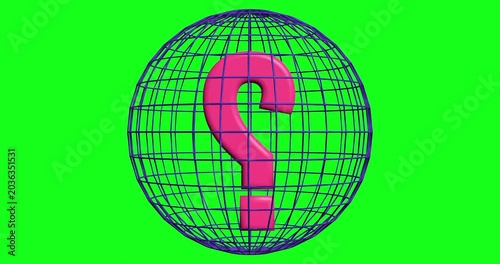 A vibrant pink 3D question mark rotates inside a blue wireframe globe, perfect for global inquiries. This looping green screen animation conveys puzzles and understanding concepts.