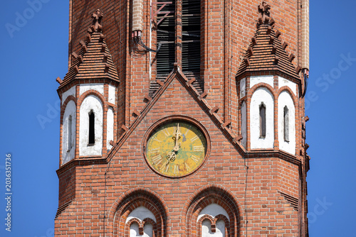 Clock tower of Historic Neo-Gothic, red brick St. George's Garrison Church, Sopot, Poland