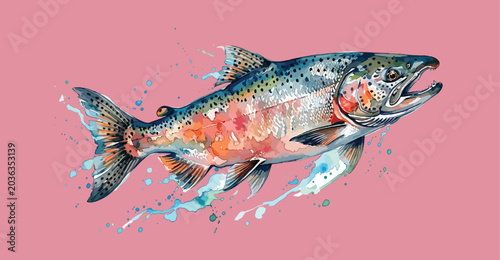 Detailed illustration of a vibrant salmon fish isolated on white background.