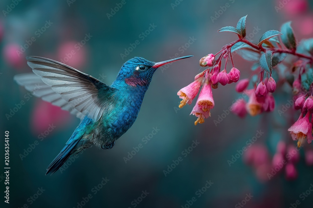 Fototapeta premium Small colorful hummingbird flying towards a cluster of delicate pink flowers in a lush garden setting.