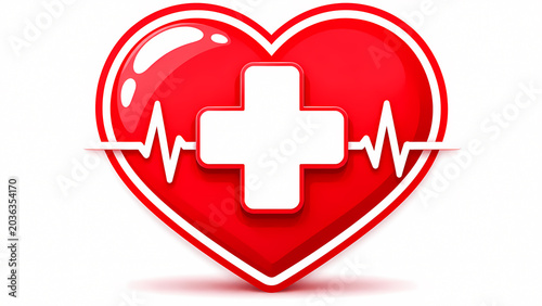 Red Heart Healthcare Icon with Medical Cross and Heartbeat Line Isolated on White Background