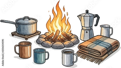 Cozy Campfire with Cooking Pot Coffee Maker and Blanket Vector Illustration