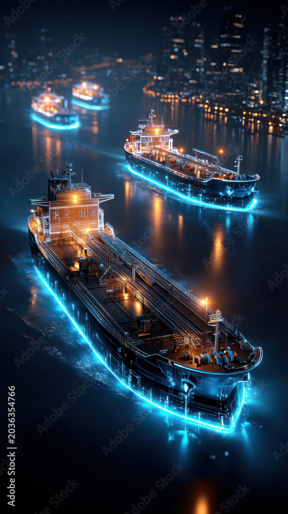 Obraz premium Global trade tensions cargo ship at night in harbor channel with neon light trail near city skyline reflecting on water for freight logistics