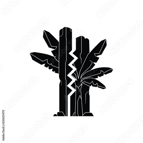 Stylized Tropical Banana Tree and Ancient Stone Pillars Silhouette, Minimalist Black and White Vector Graphic for Logo or Icon Design