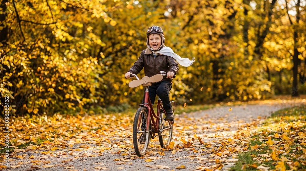 Fototapeta premium Boy on Bicycle in Autumn Park: A young boy, dressed as a superhero with a cape flowing, joyfully rides a bicycle on a path covered in fallen autumn leaves, surrounded by trees with golden foliage.