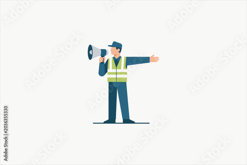 Tableau sur toile Safety officer or traffic warden in high visibility vest speaking through megaphone and directing way