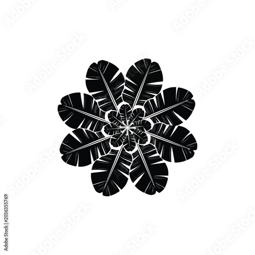 Tropical Banana Leaf Mandala Silhouette, Black Radial Floral Pattern Isolated on White Background
