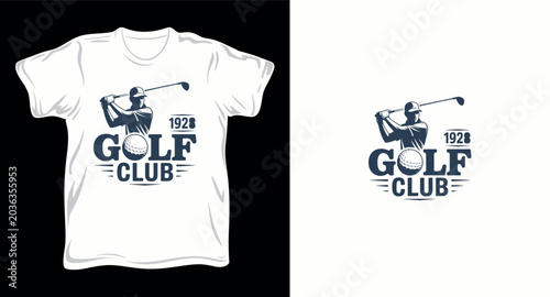 Professional golfer swinging club with retro typography design.