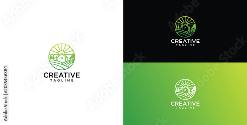 Photography Rustic farm landscape logo with sun and growing crops, symbolizing agriculture a
