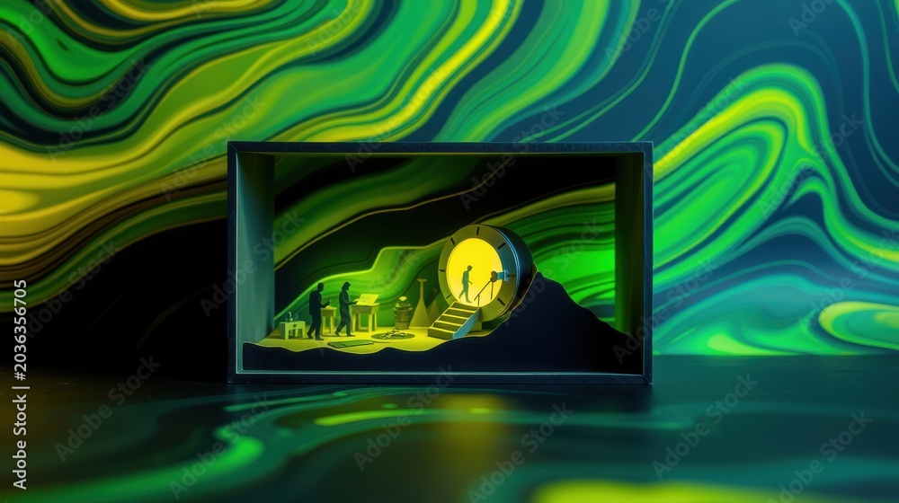 Obraz premium Miniature scene depicts interior space. Bright green, yellow hues dominate. Figures present, suggesting activity within tunnel structure. Dramatic lighting creates depth.