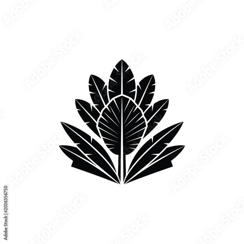 Minimalist Black Silhouette of Tropical Banana Palm Leaves Arranged in a Symmetrical Fan Shape, Botanical Icon Design for Logo and Branding
