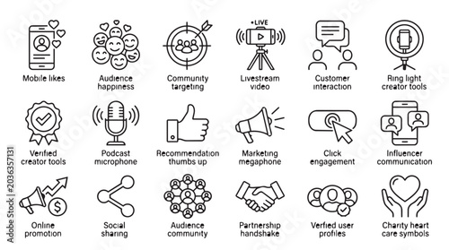 Social media communication and influencer marketing outline icon set with influencer, marketing