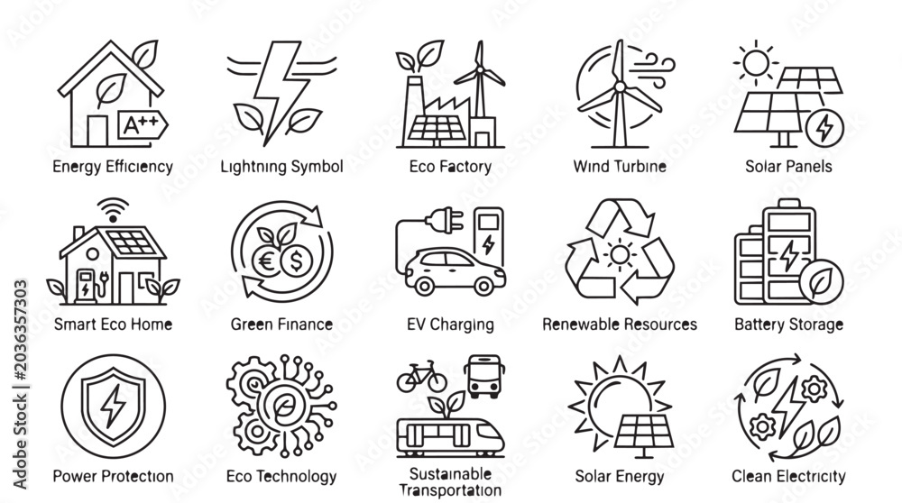 Fototapeta premium Set of sustainability and green energy line icons for environmental conservation concepts