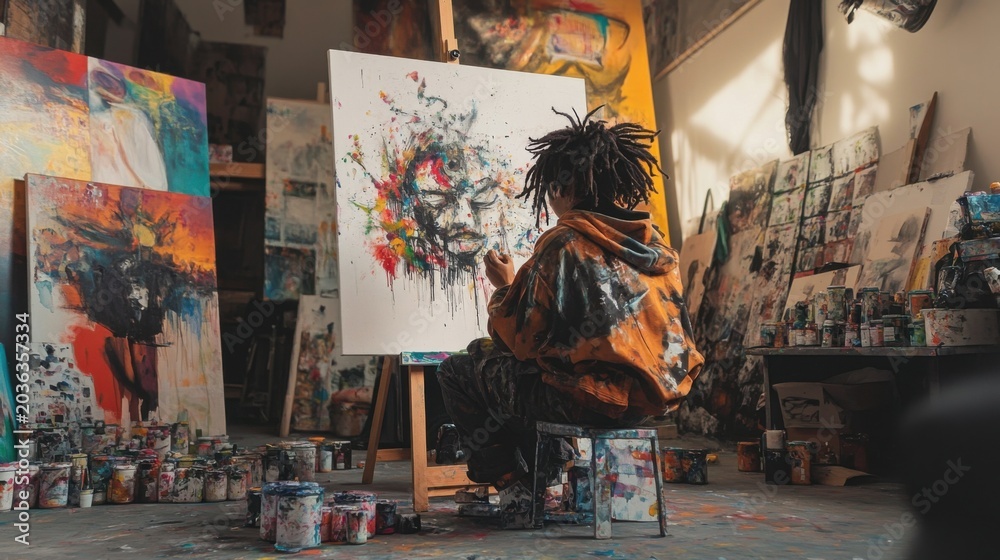 Obraz premium Artist intensely creating colorful abstract portrait in art studio ambience