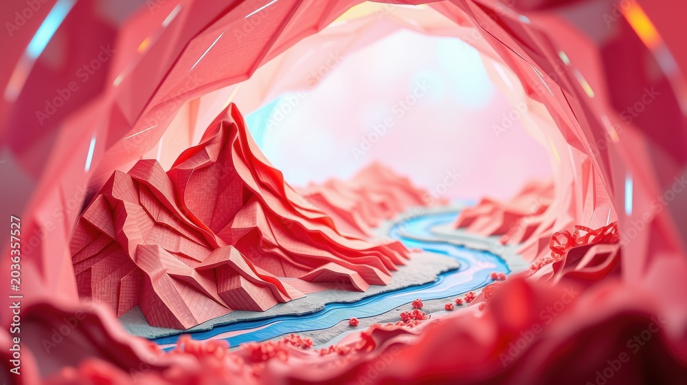 Obraz premium Abstract landscape within tunnel. Pink hues dominate, creating surreal, geometric mountain range. River flows toward bright light source.