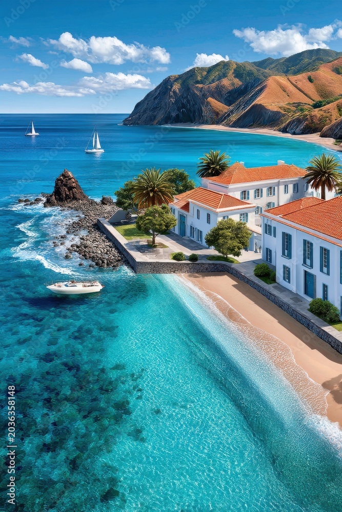 Obraz premium Aerial view of coastal villas and turquoise bay with sailboats on a sunny Mediterranean seascape
