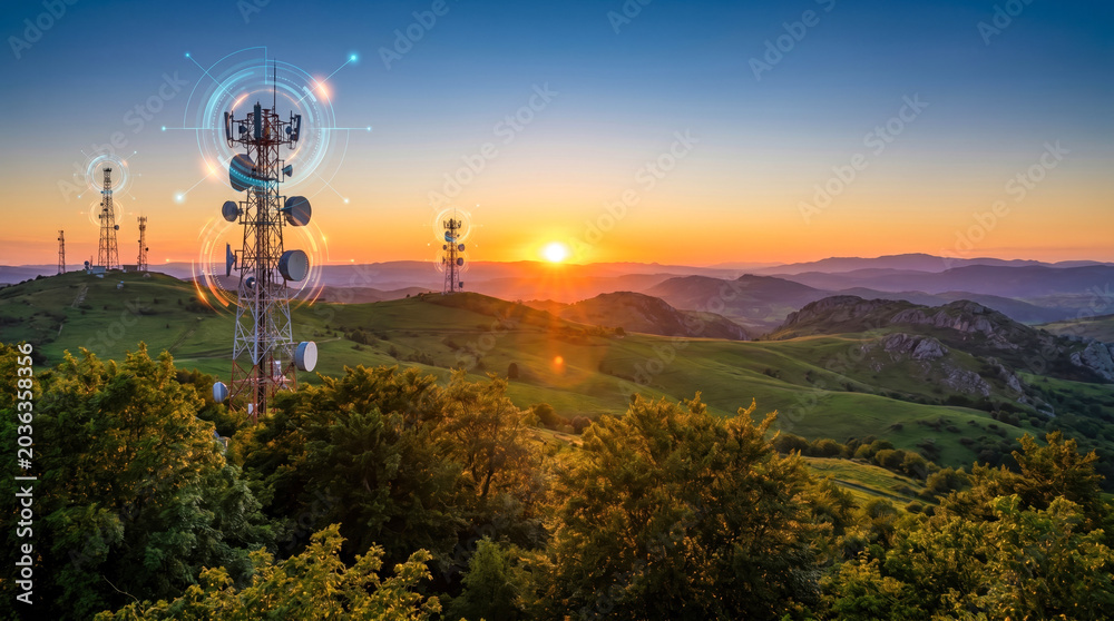 Obraz premium Sunset over a landscape with green hills and communication towers. The sun sets on the horizon, casting warm colors across the sky and illuminating the scene