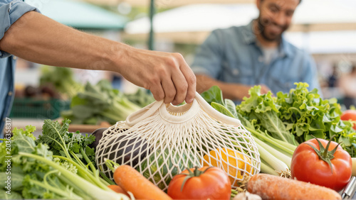 Close-up of a person holding a reusable mesh bag filled with fresh organic vegetable at a farmer market. A man smiles in the blurred background while shopping for local produce