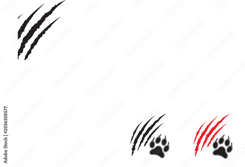 Obraz premium Animals claw scratches mark vector icons set. Claws beast ripped marks silhouette. Dinosaur claw scratches icon silhouette vector. Wild animal claw marks line act vector 
