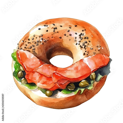 Foto Bagel With Lox And Capers, vector watercolor, painting isolated on a white background