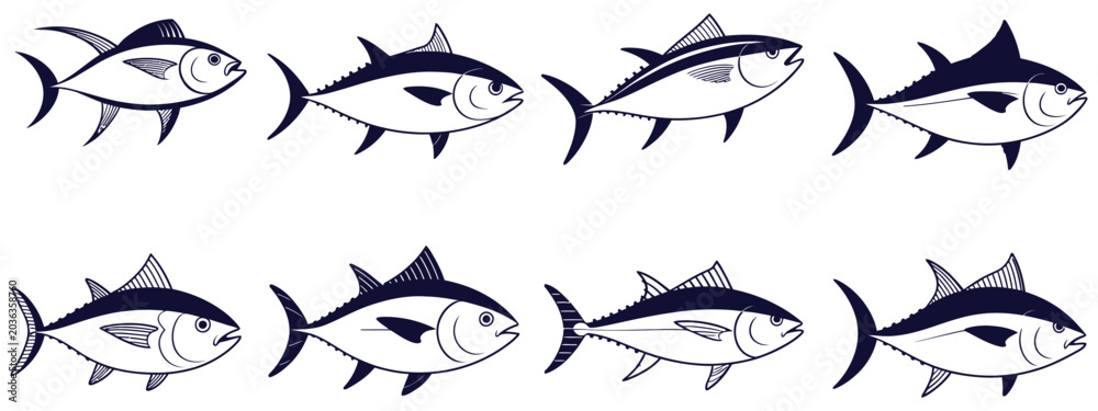 Fototapeta premium Tuna Fish School Swimming in Deep Ocean Water Featuring Marine Wildlife, Sea Life Movement and Underwater Nature Scene