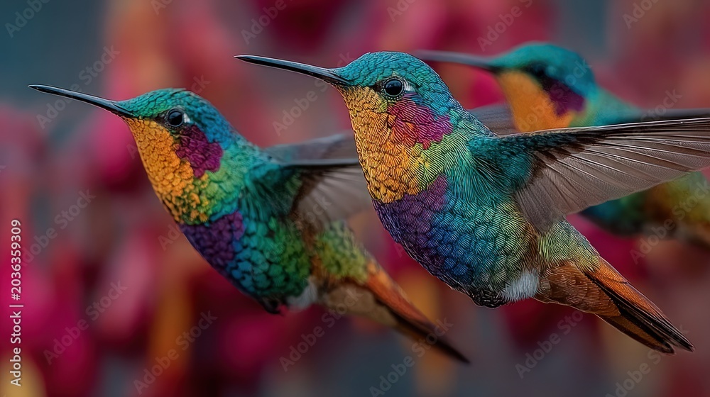 Fototapeta premium Two iridescent hummingbirds in flight against a blurred pink flower background.