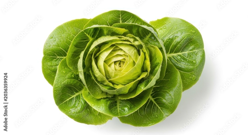 Obraz premium A fresh green lettuce leaf with water droplets on it, set against a white background.