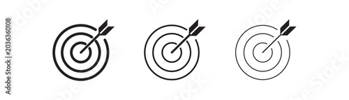 Target icon . Archery target with arrow on isolated white background. Editable stroke vector illustration, suitable for web, mobile, infographic, logo, and graphic design use