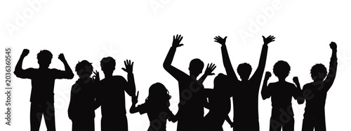 Crowd cheer people silhouette. Happy cheering group people together. Holiday Cheerful people having fun celebrating.