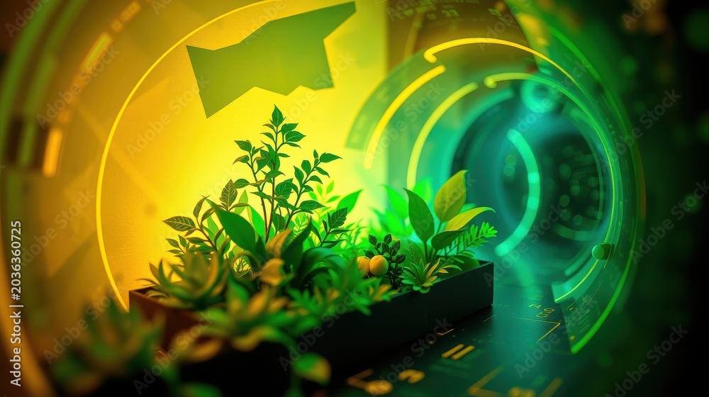 Obraz premium Plants grow inside futuristic structure. Bright colors dominate scene, suggesting technology meets nature. Light shines upon foliage.