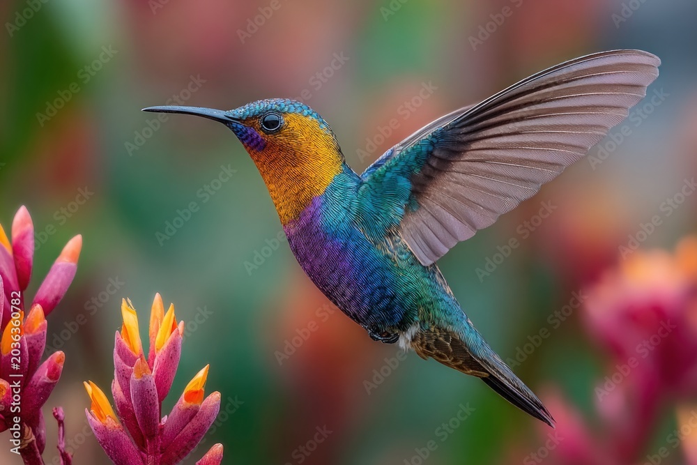Fototapeta premium Vibrant hummingbird with iridescent feathers hovering by tropical flowers.