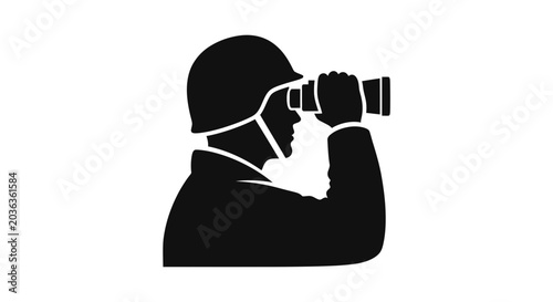 Bild auf Leinwand Soldier Silhouette with Binoculars Looking Forward