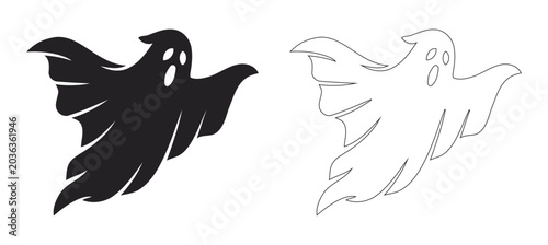 Fotografi Spooky Halloween Flying Ghost Silhouette And Line Art Vector Illustration For Cr