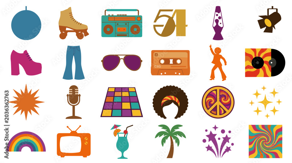 Fototapeta premium Retro 70s Disco Party Icons and Symbols Collection for vintage celebration and groovy nostalgia designs