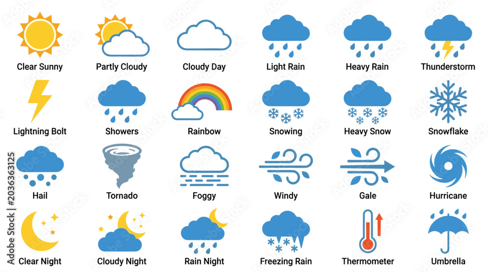 Obraz premium Collection of weather icons and symbols representing various atmospheric conditions and forecasts for weather apps and websites