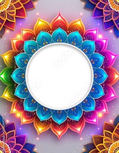 Colorful mandala frame with glowing floral design