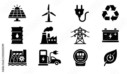 Energy production and renewable power glyph icon set solar wind battery electricity industrial vector symbols