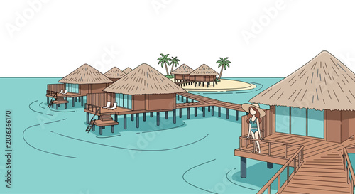 Obraz na płótnie Woman standing on tropical wooden pier.