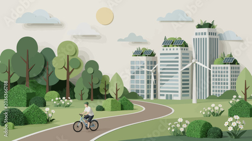 Paper cut illustration of a vibrant sustainable city with a cyclist enjoying a green path, showcasing eco-friendly urban development and harmonious living