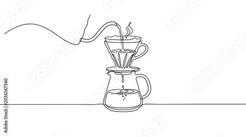 Schilderij op canvas Continuous one line drawing of manual coffee brewing process with pour over dripper