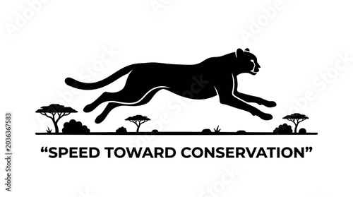 Konstfotografi Black silhouette of a running cheetah with savannah trees.