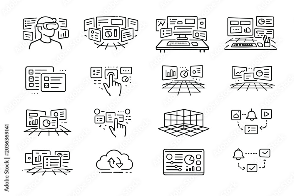 Naklejka premium Augmented Reality Icons. Augmented reality workspace. Line outline icon set of augmented reality workspace: AR