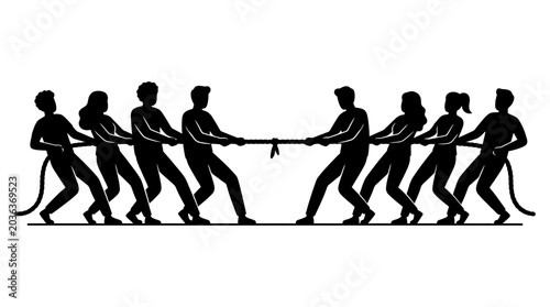 Konstfotografi People pulling rope in unison strongly.
