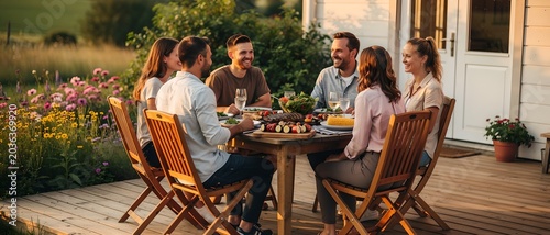 Friends Enjoying Summer Dinner Together on Wooden Deck: Grilled Meat, Salad, and Wine in Garden