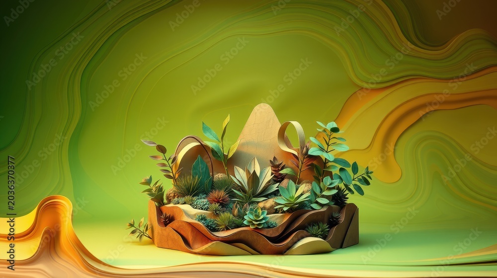 Obraz premium Abstract plant arrangement. Brown forms cradle lush greenery. Swirling green, gold backdrop creates dynamic visual impact. Minimalist design.