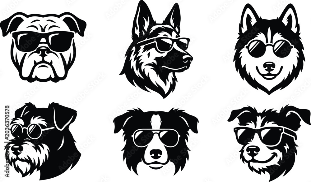 Fototapeta premium Cool dog heads vector bundle featuring popular breeds with trendy sunglasses, minimalist black and white pet portrait icons, and canine logos.