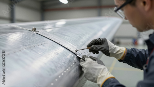 Aerospace engineer inspecting an aircraft wing panel in a hangar. Professional technician performing maintenance on a metal plane part for safety and quality