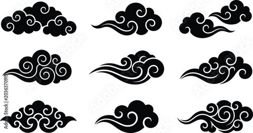 Принти на полотні Traditional Asian cloud patterns in silhouette set featuring Chinese and Japanese oriental wind and wave decorative graphic design elements