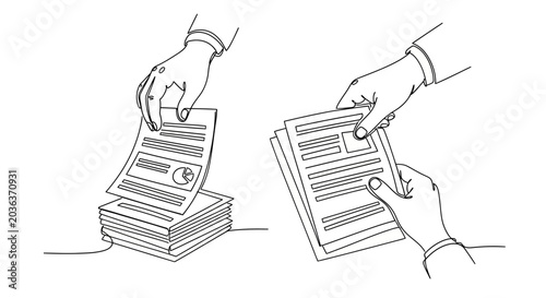 Fotografie Continuous line drawing of hands organizing document stacks.