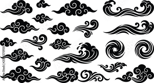 Slika na platnu Traditional asian style cloud and ocean wave vector elements set for oriental patterns background and tattoo design